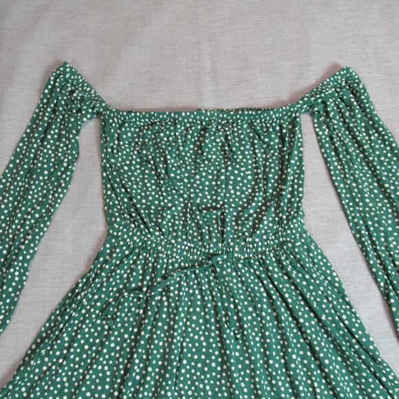 Asos Dress Womens 6 Green Polka Dot Long Sleeve Off The Shoulder Picnic Preppy - Picture 3 of 11